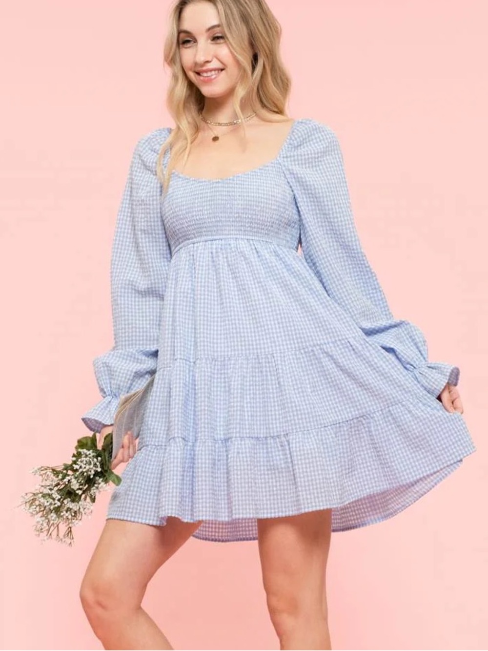 Blu Pepper Light Blue Gingham Square-Neck Tiered Mini Dress